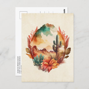 Watercolor Desert Cactus and Mountains Postcard