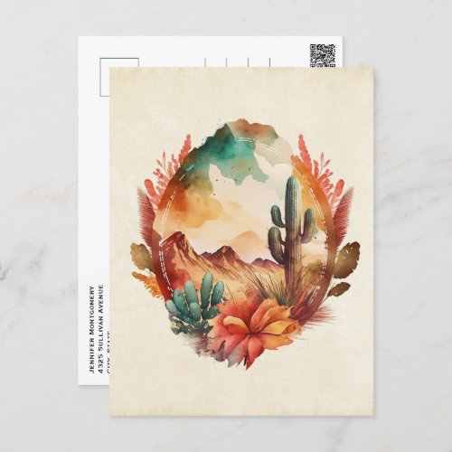 Watercolor Desert Cactus and Mountains Postcard