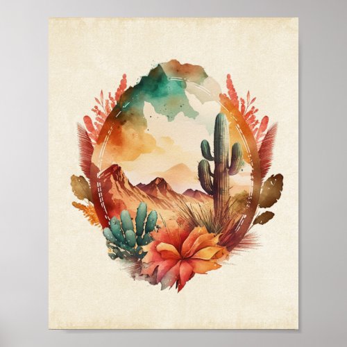 Watercolor Desert Cactus and Mountains Poster