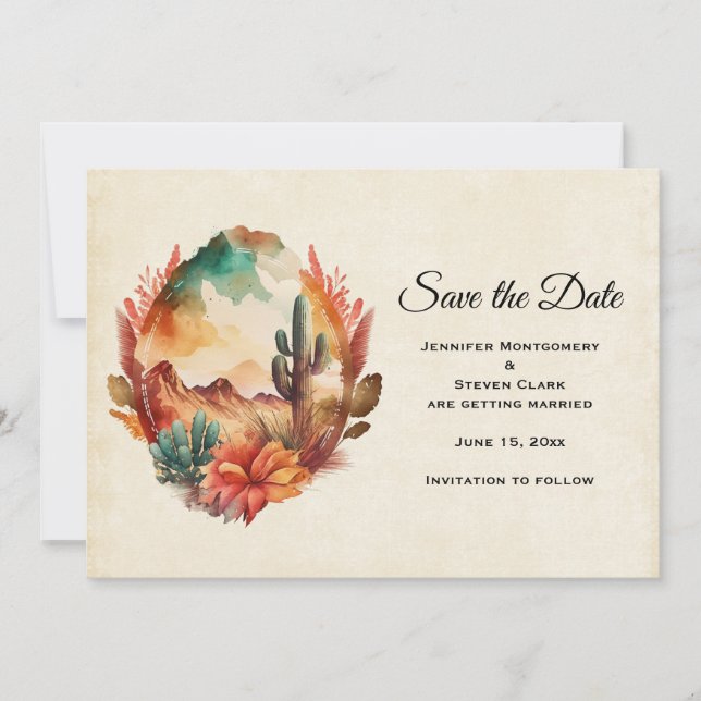 Watercolor Desert Cactus and Mountains Save The Date (Front)