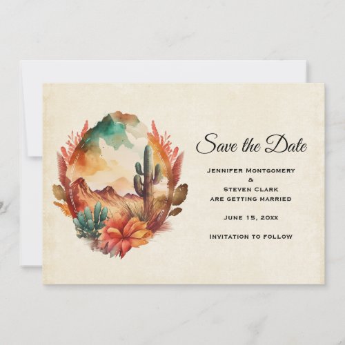 Watercolor Desert Cactus and Mountains Save The Date