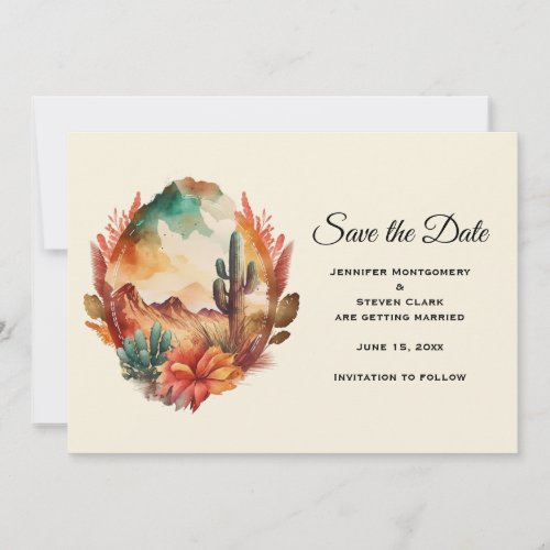 Watercolor Desert Cactus and Mountains Save The Date
