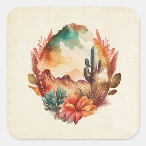 Watercolor Desert Cactus and Mountains Square Sticker