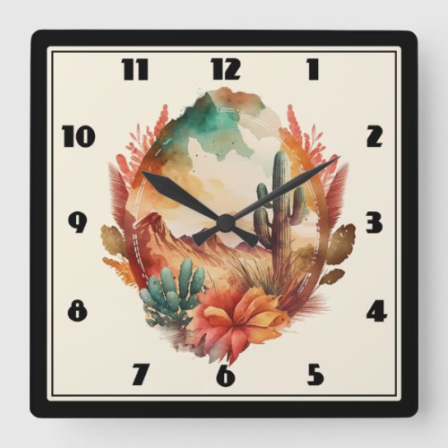 Watercolor Desert Cactus and Mountains Square Wall Clock