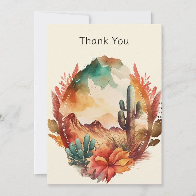 Watercolor Desert Cactus and Mountains Thank You Card (Front)