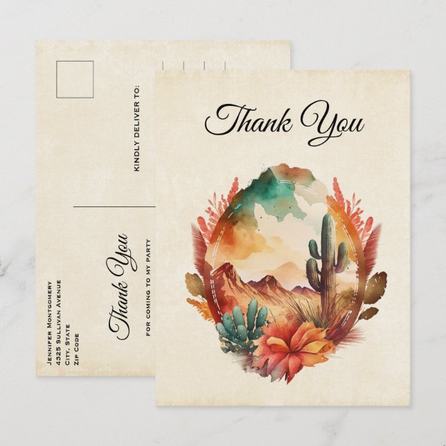 Watercolor Desert Cactus and Mountains Thank You Postcard (Front/Back)