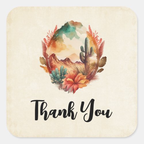 Watercolor Desert Cactus and Mountains Thank You Square Sticker