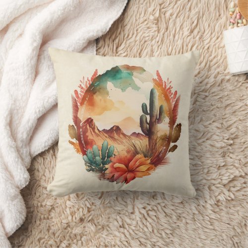 Watercolor Desert Cactus and Mountains Throw Pillow