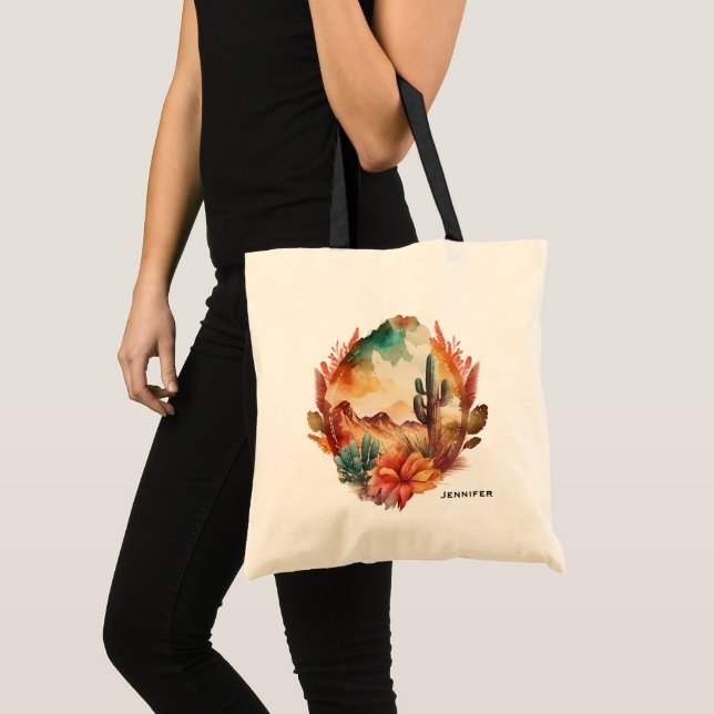 Watercolor Desert Cactus and Mountains Tote Bag (Front (Product))