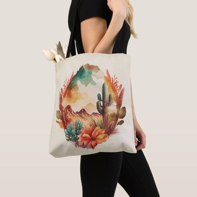 Watercolor Desert Cactus and Mountains Tote Bag (Close Up)