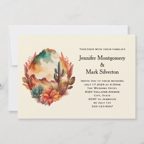 Watercolor Desert Cactus and Mountains Wedding Invitation