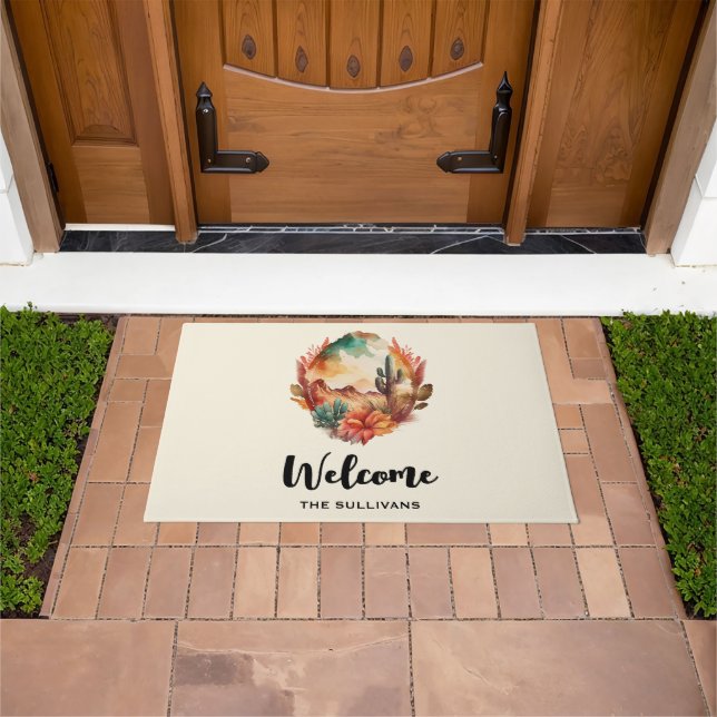 Watercolor Desert Cactus and Mountains Welcome Doormat (Outdoor)