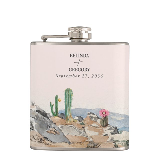 Watercolor Desert Cactus Boho Wedding Flask (Front)