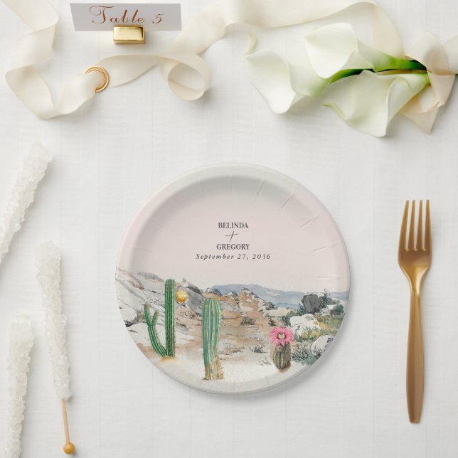 Watercolor Desert Cactus Boho Wedding Paper Plates (Wedding)