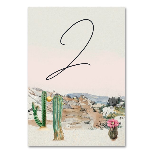 Watercolor Desert Cactus Boho Wedding Table Number (Front)