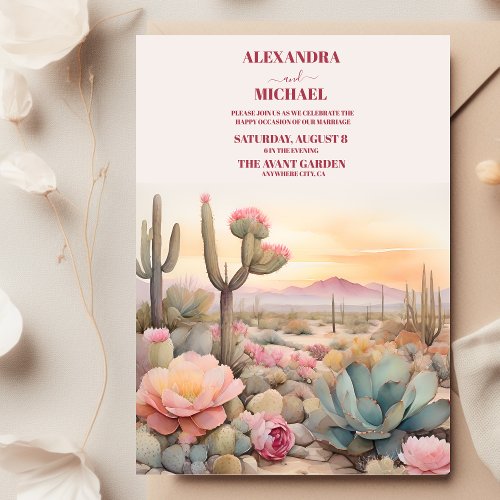 Watercolor Desert Cactus Illustrated Wedding Invitation