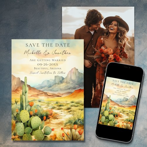 Watercolor Desert Cactus Photo Wedding Save The Date