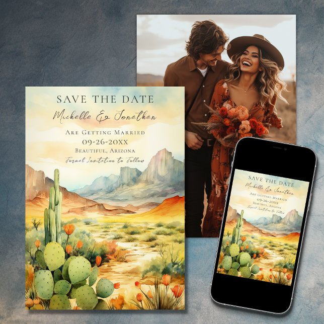 Watercolor Desert Cactus Photo Wedding Save The Date (Printed and Digital - Watercolor Southwestern Desert Photo Wedding Save The Date)
