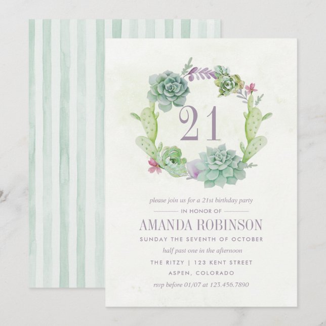 Watercolor Desert Cactus Succulents 21st Birthday Invitation (Front/Back)