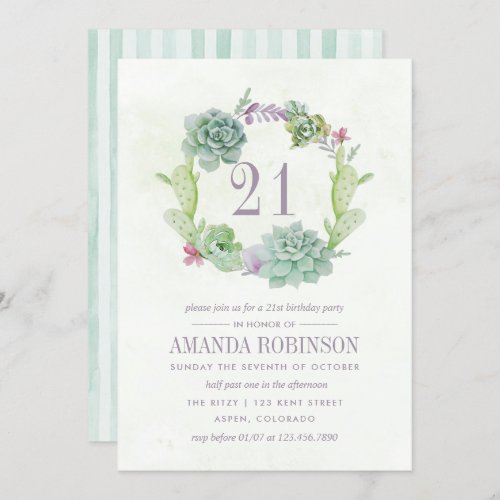 Watercolor Desert Cactus Succulents 21st Birthday Invitation