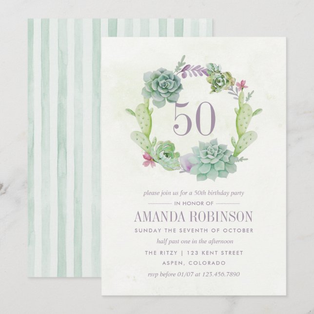 Watercolor Desert Cactus Succulents 50th Birthday Invitation (Front/Back)