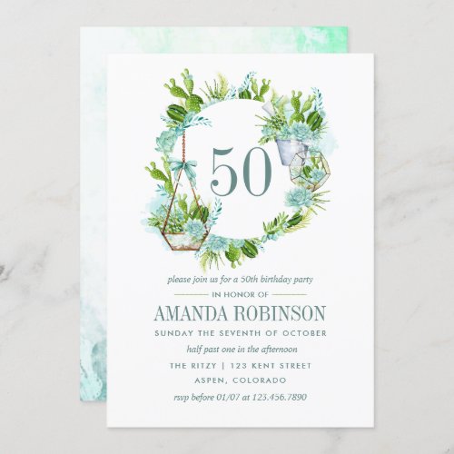 Watercolor Desert Cactus Succulents 50th Birthday Invitation