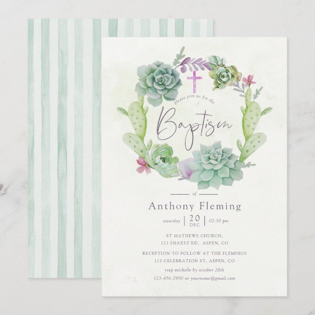 Watercolor Desert Cactus Succulents Baby Baptism Invitation (Front/Back)
