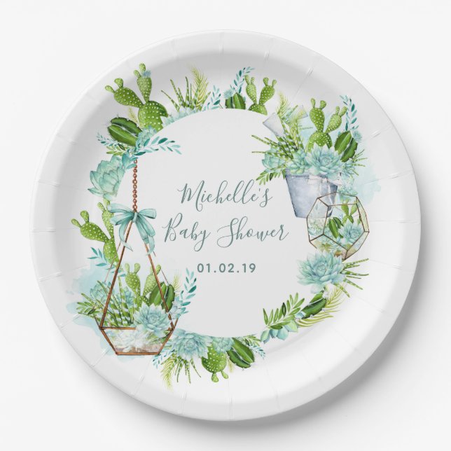 Watercolor Desert Cactus Succulents Baby Shower Paper Plates (Front)