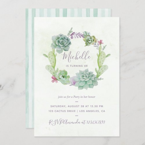 Watercolor Desert Cactus Succulents Birthday Party Invitation