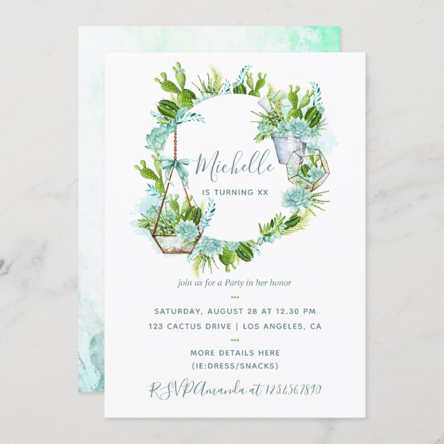 Watercolor Desert Cactus Succulents Birthday Party Invitation (Front/Back)