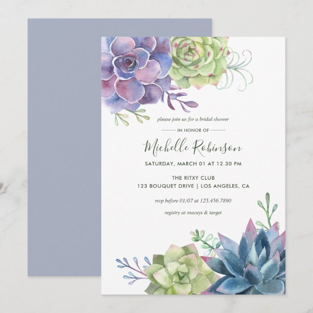 Watercolor Desert Cactus Succulents Bridal Shower Invitation (Front/Back)