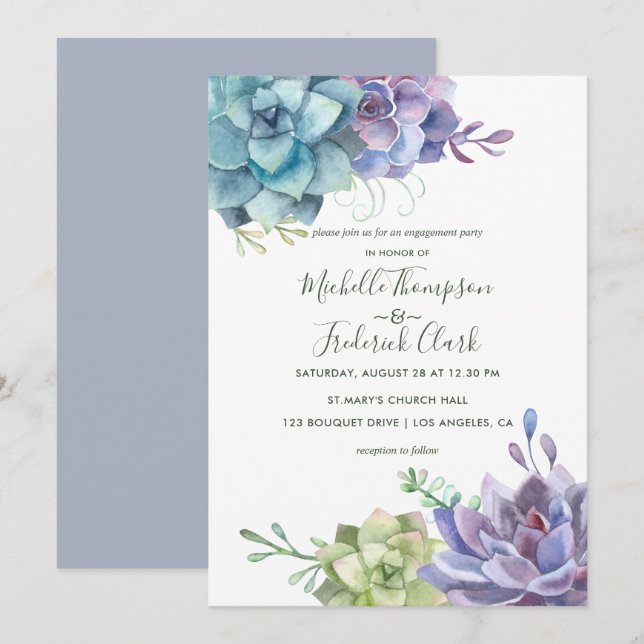 Watercolor Desert Cactus Succulents Engagement Invitation (Front/Back)
