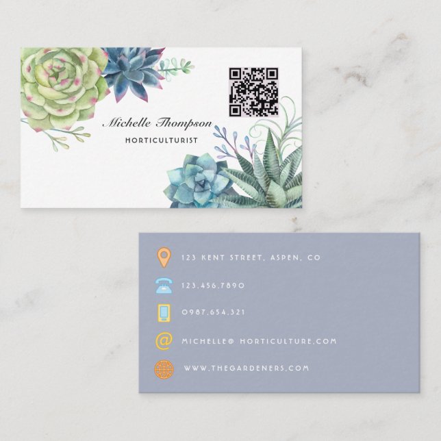 Watercolor Desert Cactus Succulents QR Code Business Card (Front/Back)