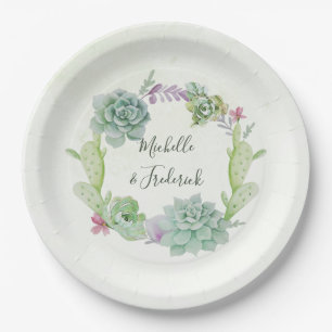 Watercolor Desert Cactus Succulents Wedding Paper Plates