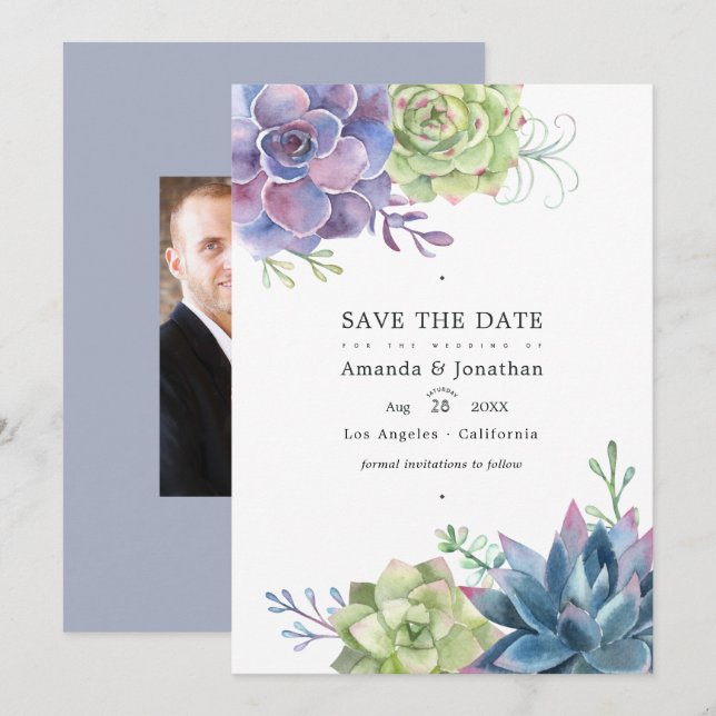 Watercolor Desert Cactus Succulents Wedding Photo Save The Date (Front/Back)