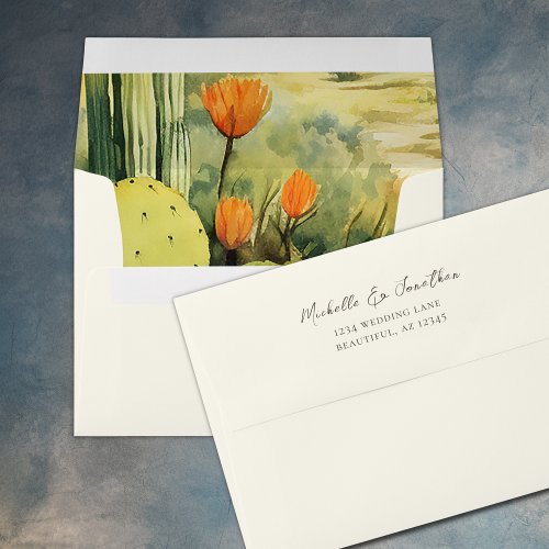 Watercolor Desert Cactus w Return Address Wedding Envelope