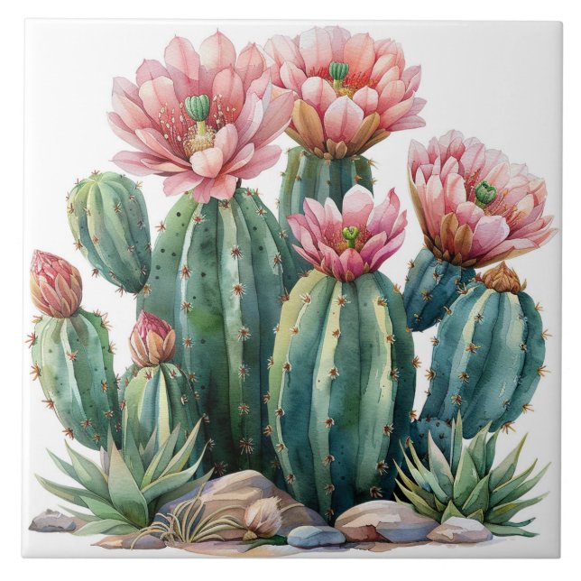 Watercolor desert flowers cacti. ceramic tile (Front)