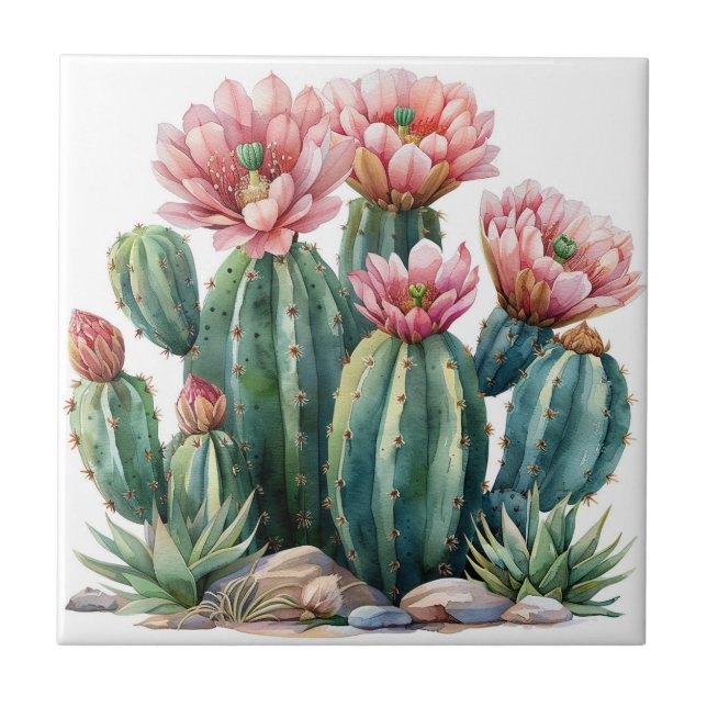 Watercolor desert flowers cacti. ceramic tile (Front)