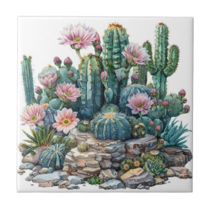 Watercolor desert flowers cacti. ceramic tile