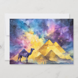 Watercolor Desert Galaxy Camel Pyramid Travel Holiday Card