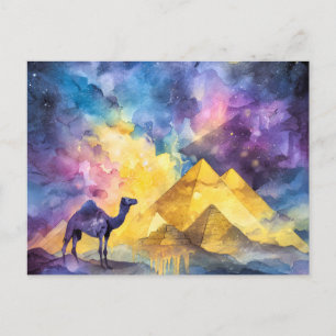Watercolor Desert Galaxy Camel Pyramid Travel Holiday Postcard