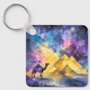 Watercolor Desert Galaxy Camel Pyramid Travel Keychain