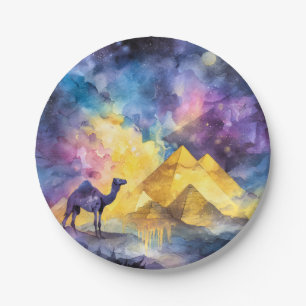 Watercolor Desert Galaxy Camel Pyramid Travel Paper Plates