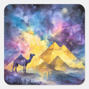 Watercolor Desert Galaxy Camel Pyramid Travel Square Sticker