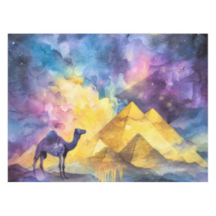 Watercolor Desert Galaxy Camel Pyramid Travel Tablecloth