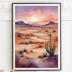 Watercolor Desert Landscape with Sunset and Cactus Poster