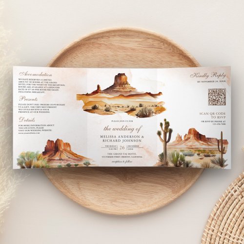Watercolor Desert Mountain Cactus QR Code Wedding Tri_Fold Invitation