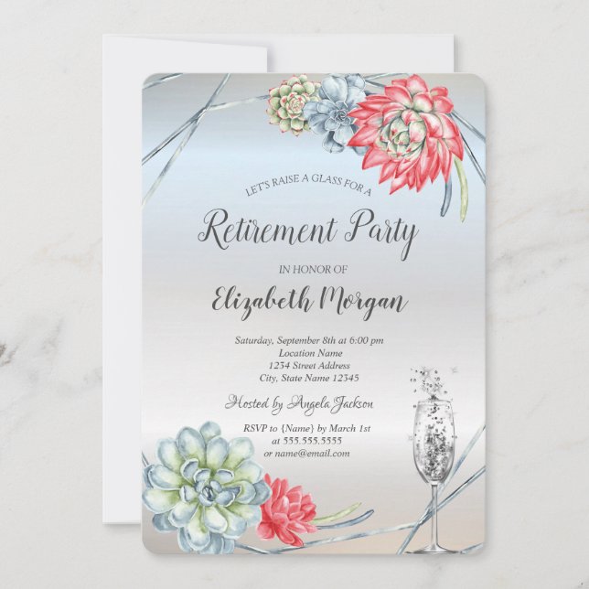 Watercolor Desert Red Succulent Glass Retirement   Invitation (Front)
