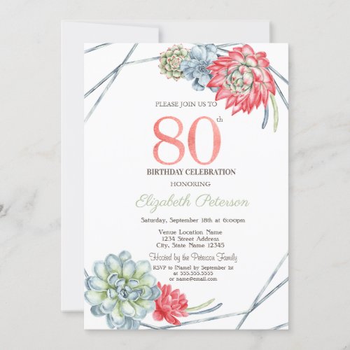 Watercolor Desert Red Succulents 80th Birthday Invitation