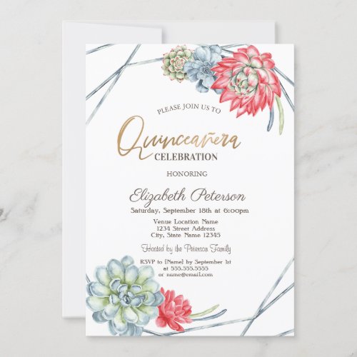 Watercolor Desert  Red Succulents Quinceaera Invitation